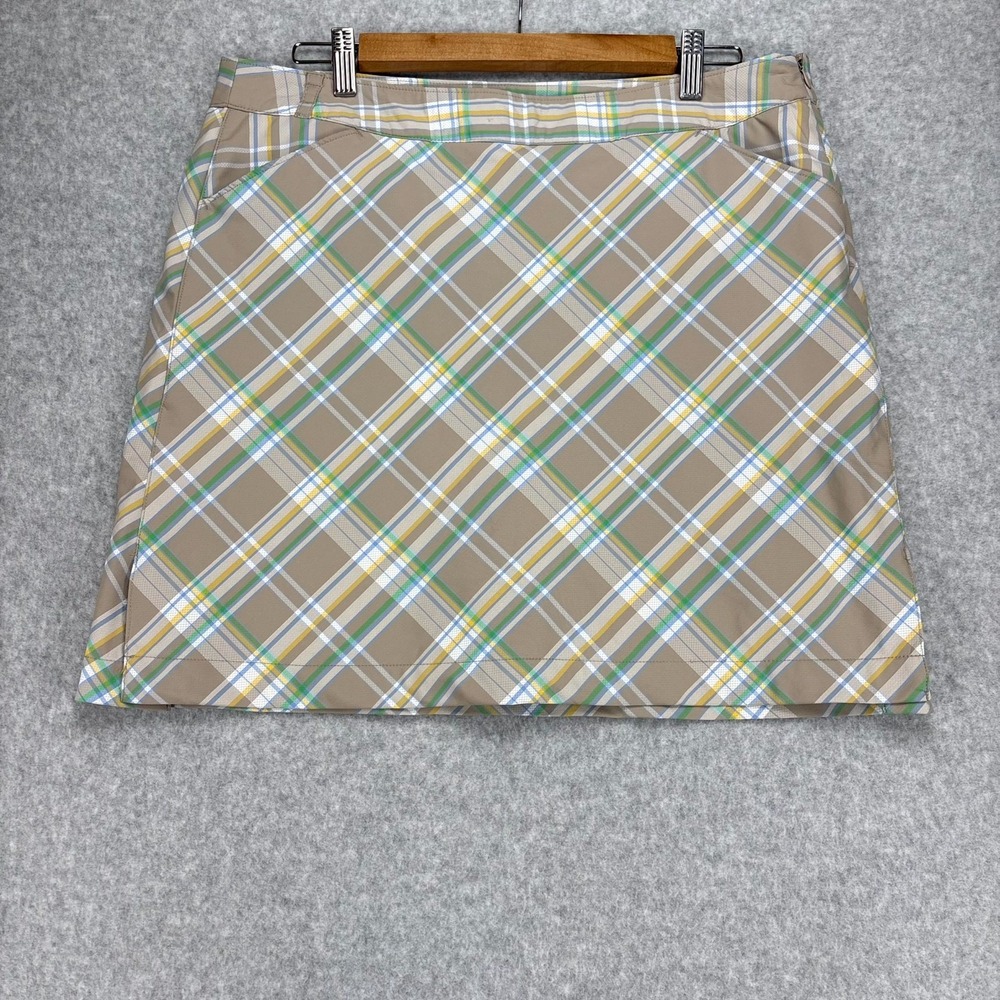 Callaway Skort Womens 12 Tan Green Plaid Mini Golf Performance Stretch Back Zip